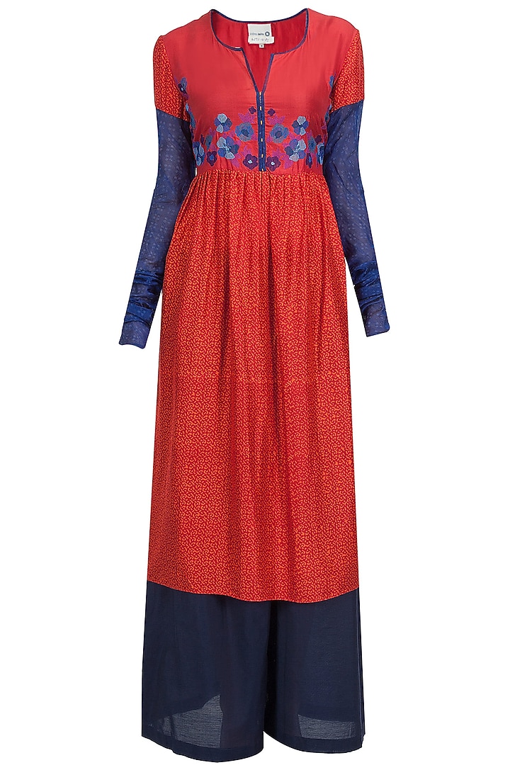 Red and indigo embroidered tunic with navy palazzo available only at Pernia's Pop-Up Shop.