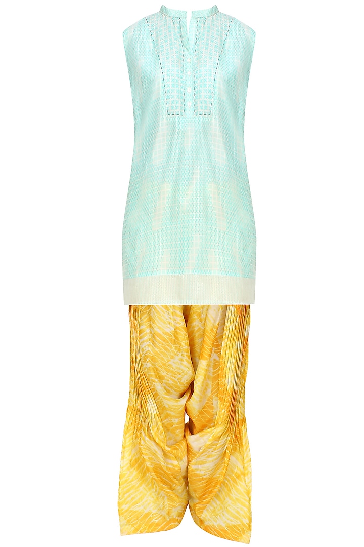 Ivory and green textured short tunic and yellow printed pants set by Krishna Mehta