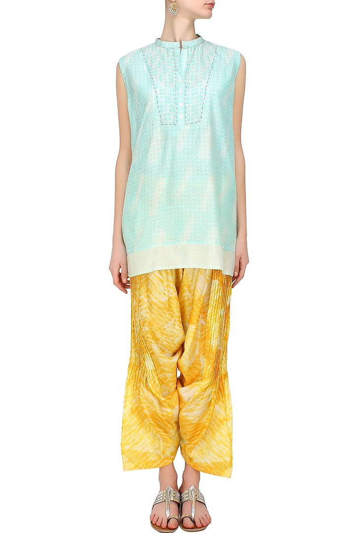 Ivory and green textured short tunic and yellow printed pants set available only at Pernia's Pop Up Shop.