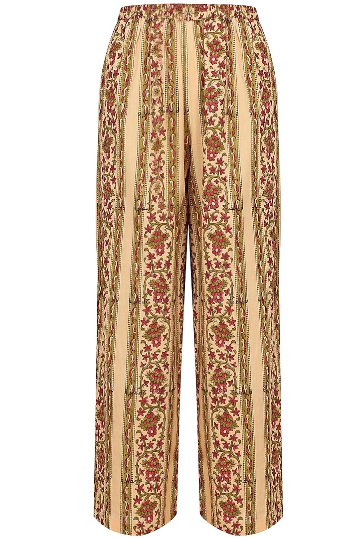 Biege, olive green and red floral printed flared pants by Krishna Mehta