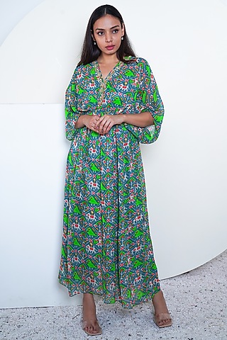 Grey & Green Printed Kaftan With Inner by Komal Shah