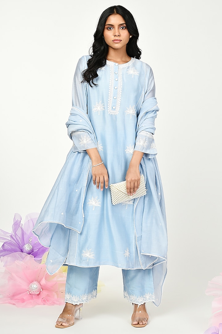 Blue Chanderi Embroidered Kurta Set by Komal Shah at Pernia's Pop Up Shop