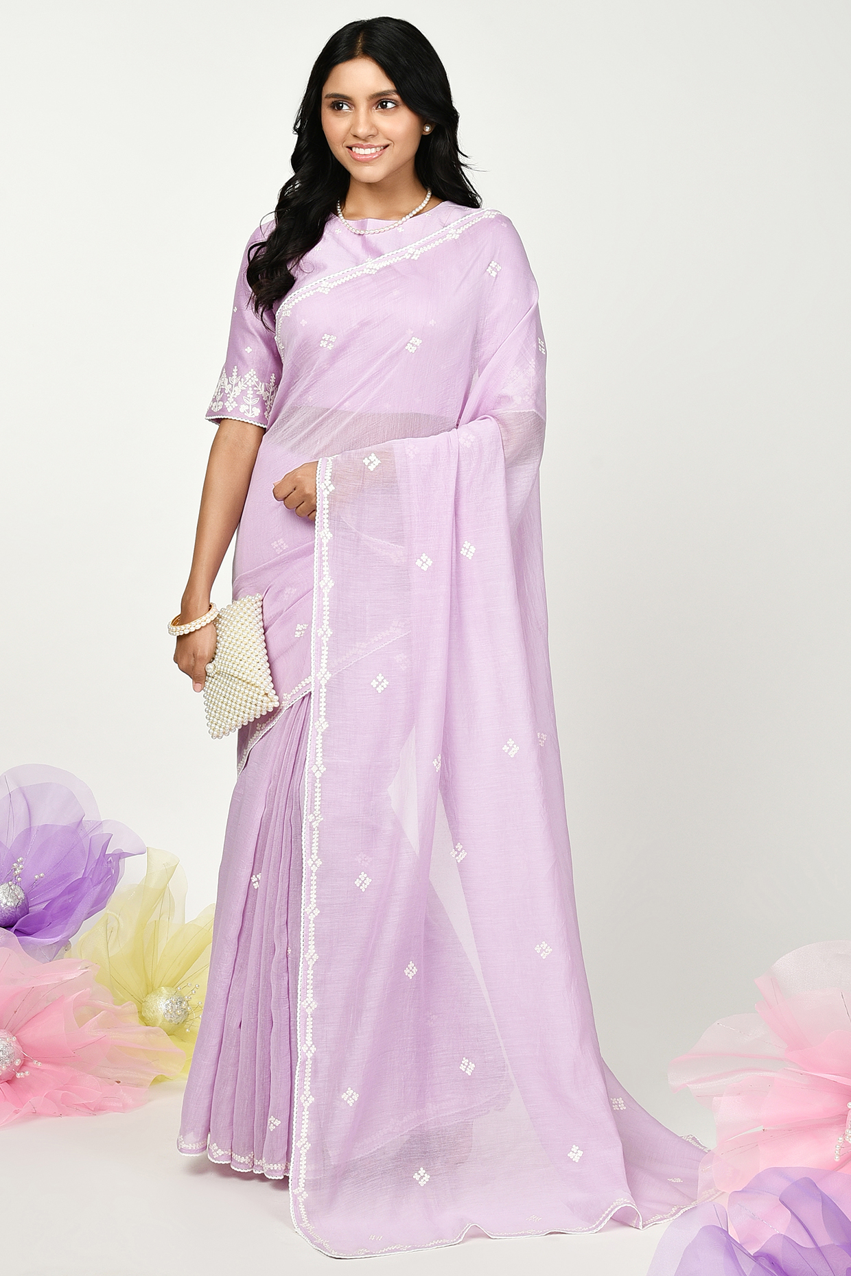 Lilac Chanderi Embroidered Party Wear Saree Set by Komal Shah at Pernia's Pop Up Shop