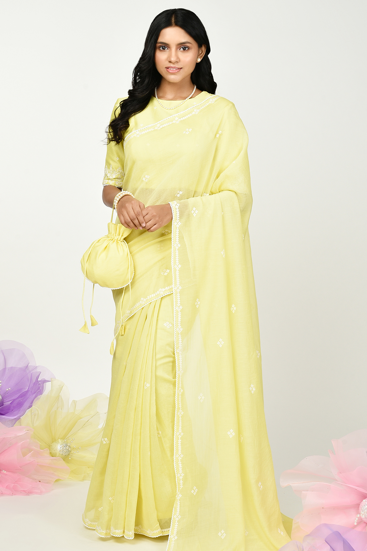 Yellow Chanderi Embroidered Party Wear Saree Set by Komal Shah at Pernia's Pop Up Shop