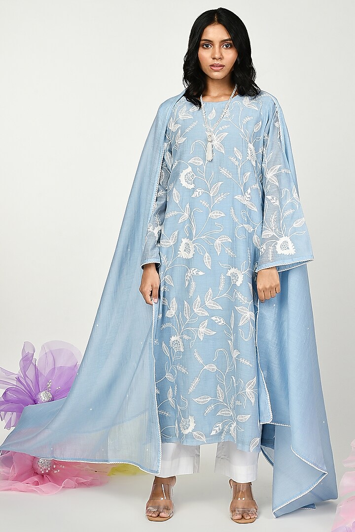 Blue Chanderi Embroidered Kurta Set by Komal Shah at Pernia's Pop Up Shop