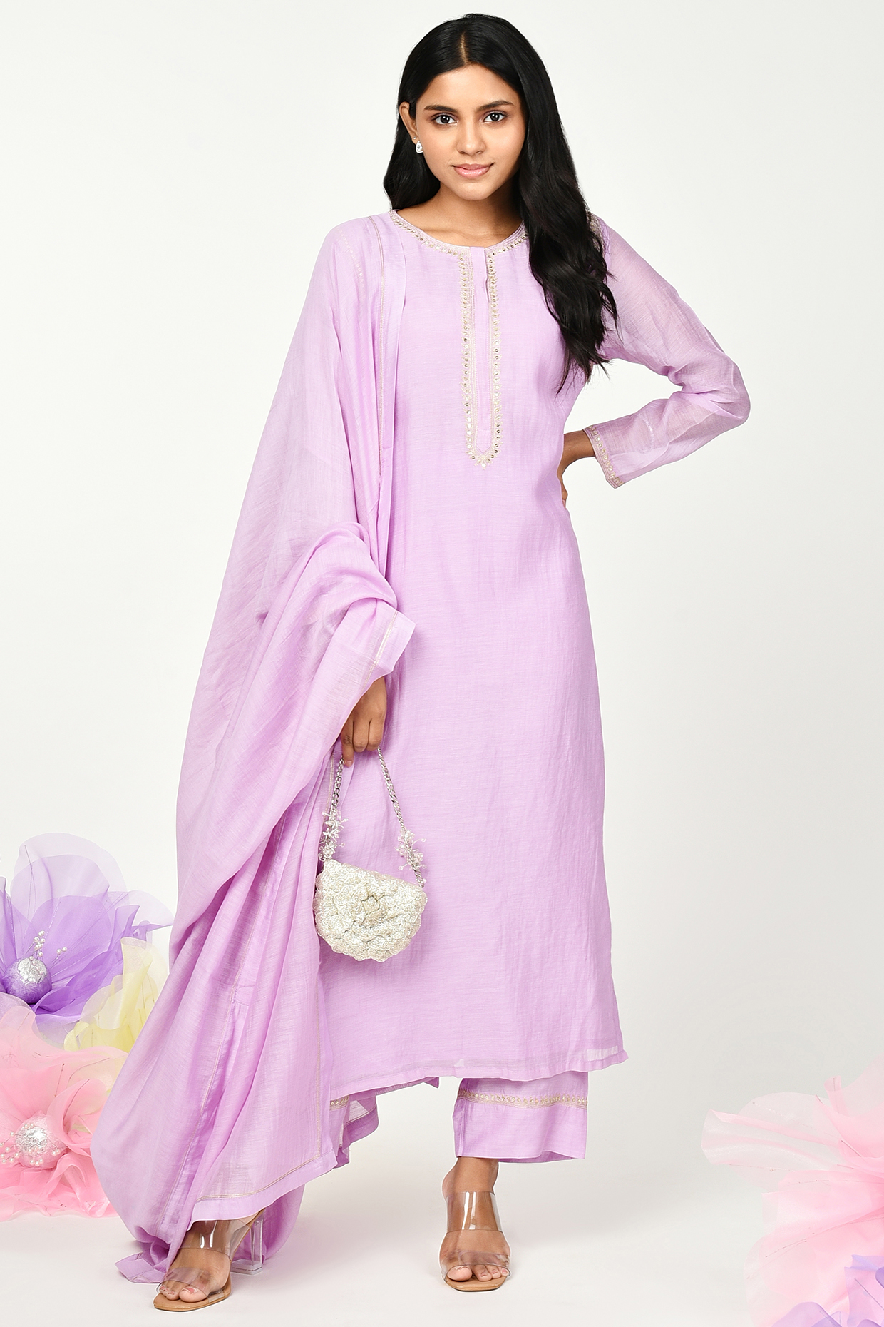 Lilac Chanderi Embroidered Kurta Set by Komal Shah at Pernia's Pop Up Shop