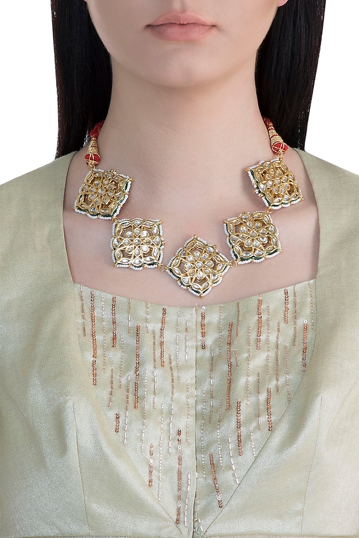 22k Gold Plated Meenakari Kundan & Pearls Choker Necklace by Just Shraddha