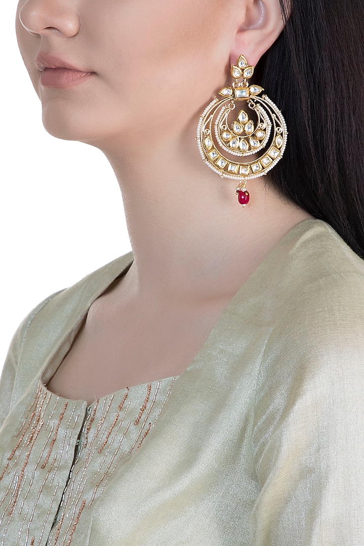 22Kt Gold Plated Polki Stone, Semi Precious Ruby & Pearls Chandbali Earrings by Just Shraddha