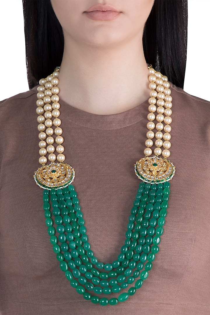 22k Gold Plated Meenakari Kundan, Emerald & Pearls Layered Necklace by Just Shraddha