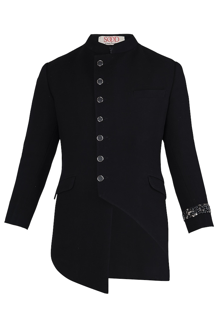 Black Asymmetrical Embroidered Achkan Jacket by Kommal Sood
