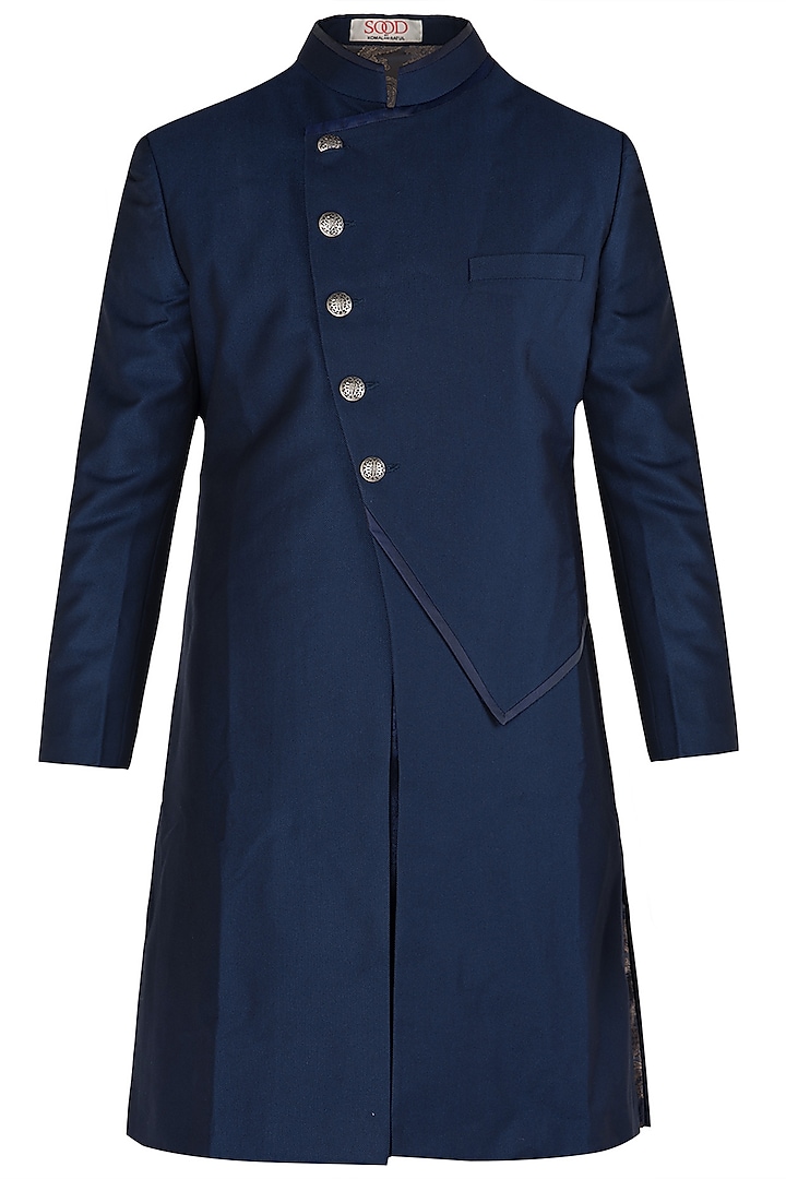 Blue Long Achkan Jacket by Kommal Sood