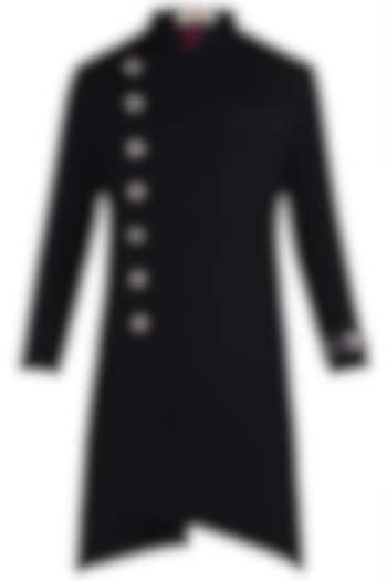 Black Asymmetrical Long Achkan Jacket by Kommal Sood