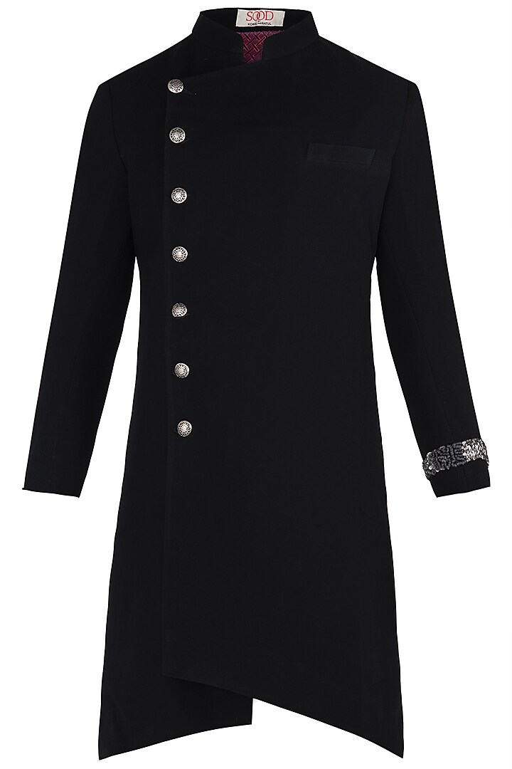Black Asymmetrical Long Achkan Jacket by Kommal Sood