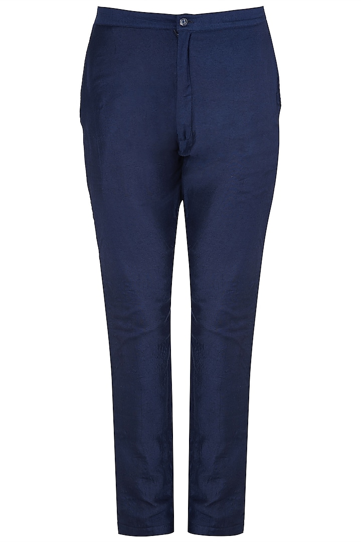 Navy Blue Cotton Silk Trousers by Kommal Sood