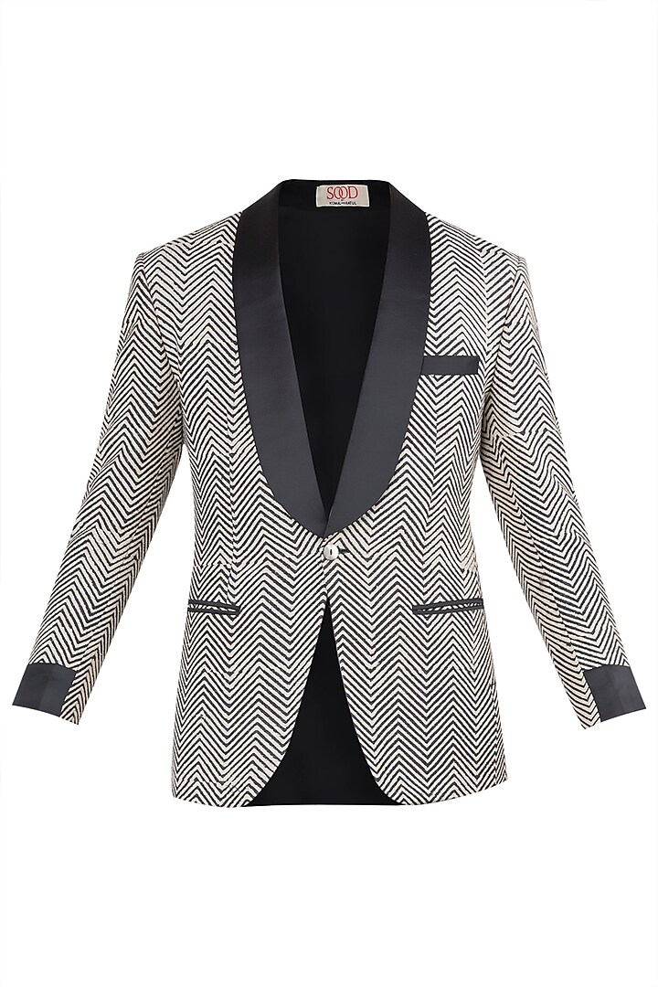 Beige and black block printed jacket available only at Pernia's Pop Up Shop.