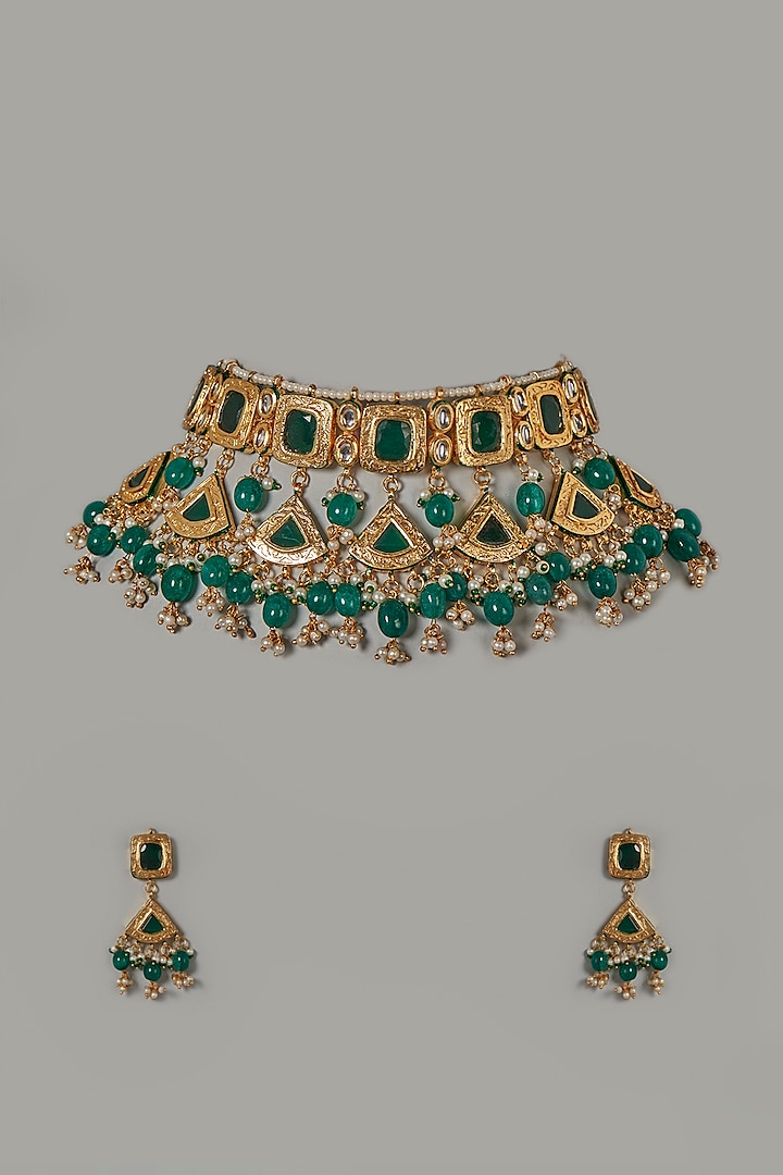 Gold Plated Necklace Set With Green Stones by Just Shraddha