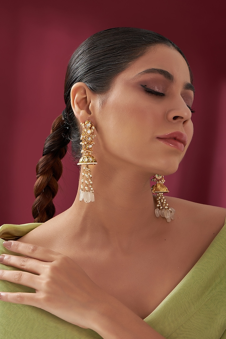 Gold Plated Kundan Polki & Pearl Tasseled Dangler Earrings by Just Shraddha at Pernia's Pop Up Shop