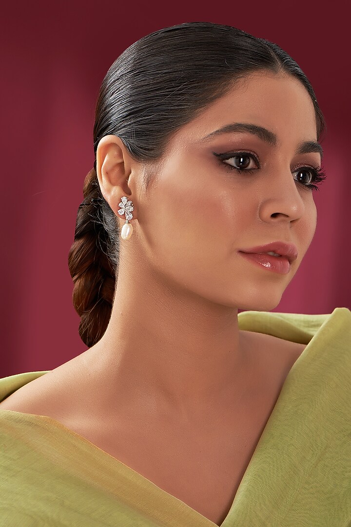 White Rhodium Finish Diamond & Baroque Pearl Drop Dangler Earrings by Just Shraddha at Pernia's Pop Up Shop