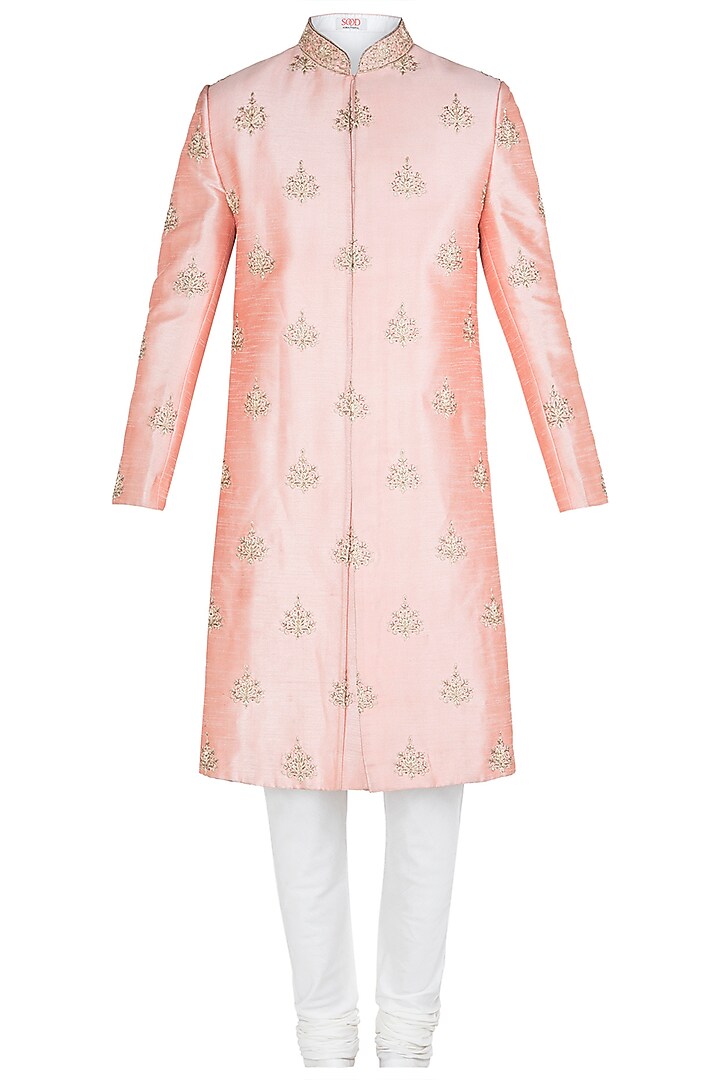 Peach embroidered sherwani set available only at Pernia's Pop Up Shop.