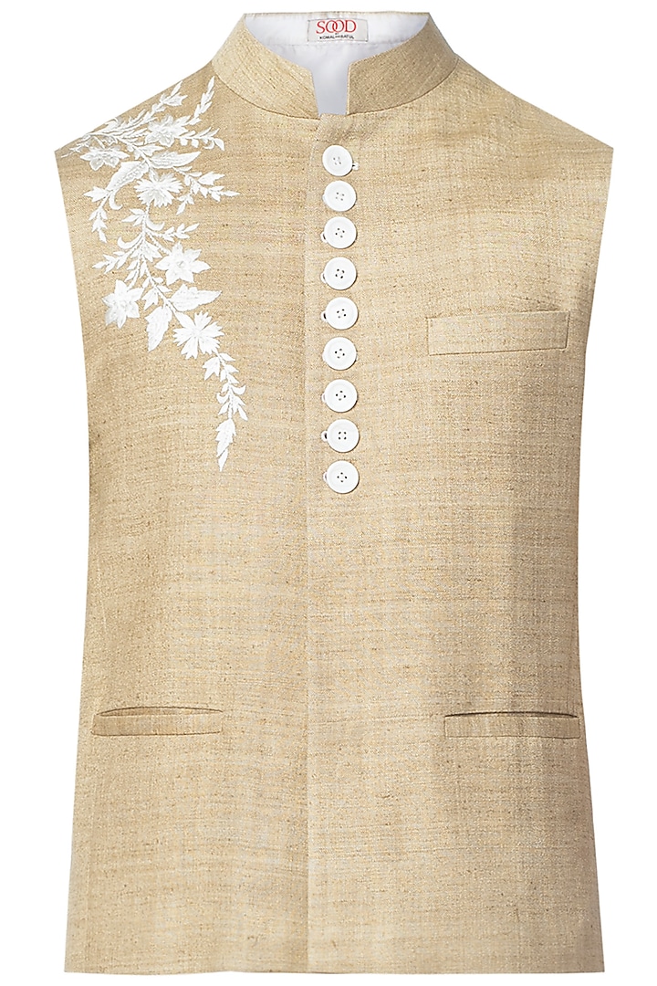 Beige Embroidered Nehru Jacket by Kommal Sood