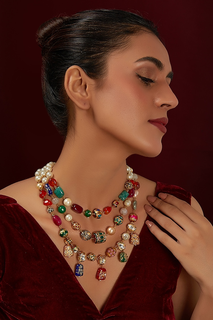 Gold Plated Kundan Polki Layered Necklace by Just Shraddha at Pernia's Pop Up Shop