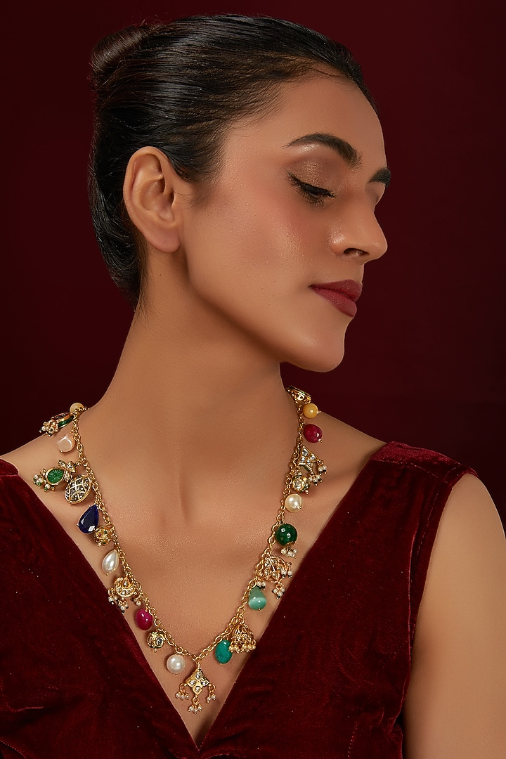 Gold Plated Kundan Polki & Pearl Long Necklace by Just Shraddha at Pernia's Pop Up Shop
