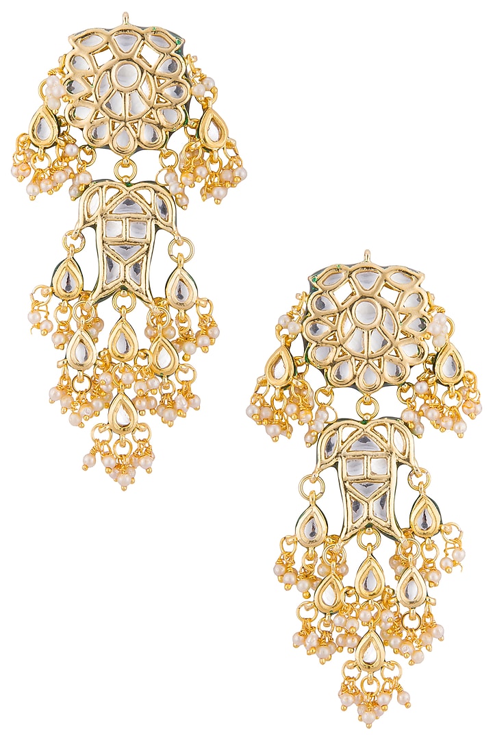Gold plated kundan and pearl long earrings by Just Shraddha at Pernia's Pop Up Shop