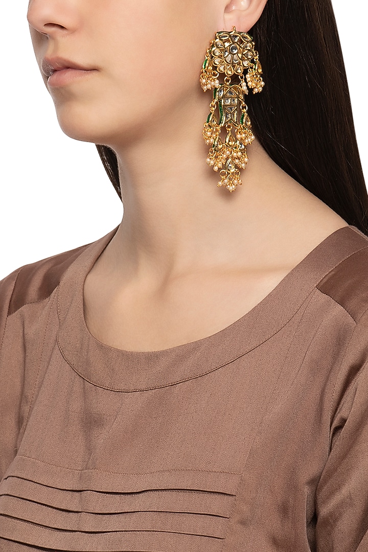 Gold plated kundan and pearl long earrings by Just Shraddha at Pernia's Pop Up Shop