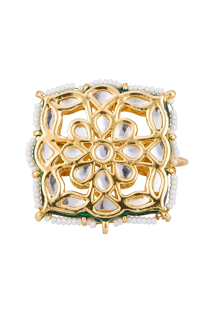Gold plated kundan and pearl two finger ring by Just Shraddha at Pernia's Pop Up Shop