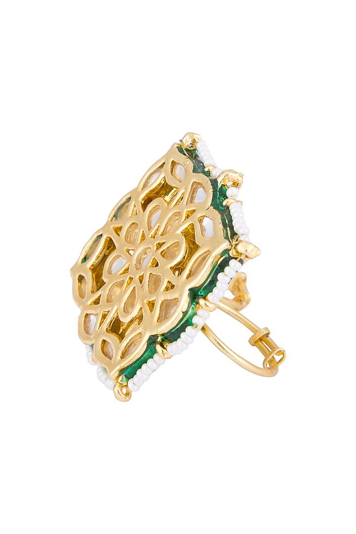 Gold plated kundan and pearl two finger ring by Just Shraddha at Pernia's Pop Up Shop