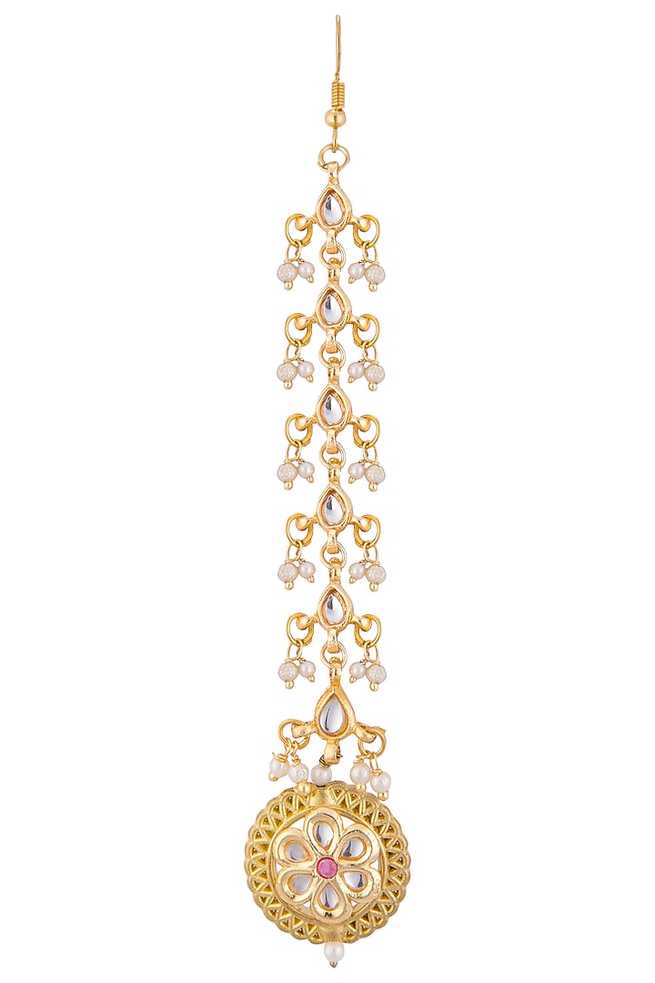 Gold plated kundan drop maangtika by Just Shraddha at Pernia's Pop Up Shop