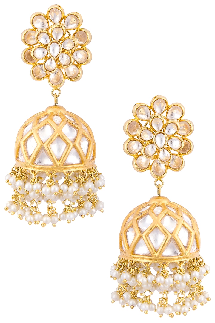 Gold plated floral jhumki earrings by Just Shraddha at Pernia's Pop Up Shop