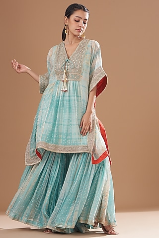Aqua Organza Foil & Tie Dyed Gharara Set by Kisneel by Pam