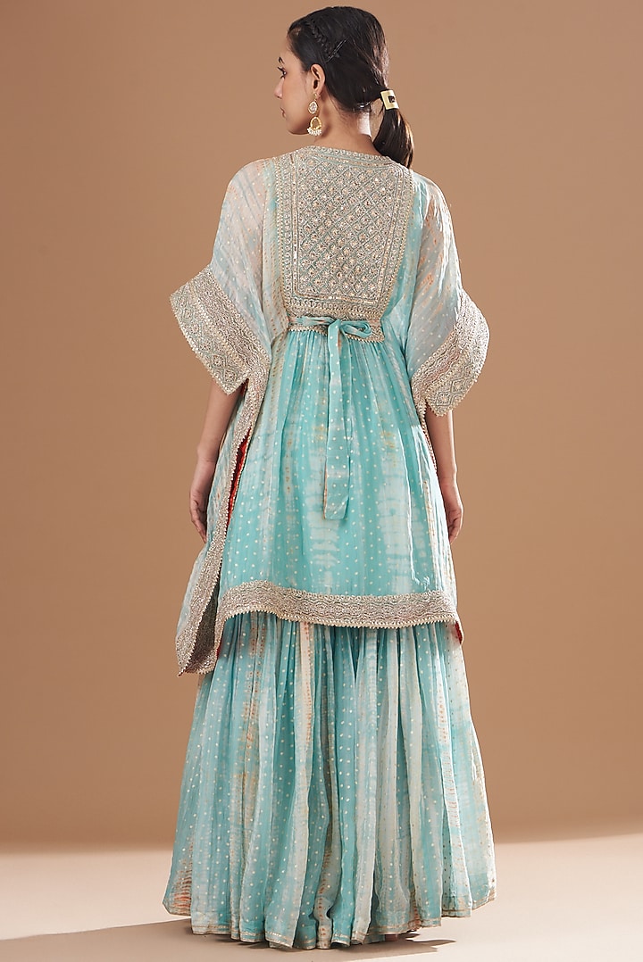 Aqua Organza Foil & Tie Dyed Gharara Set by Kisneel by Pam at Pernia's Pop Up Shop