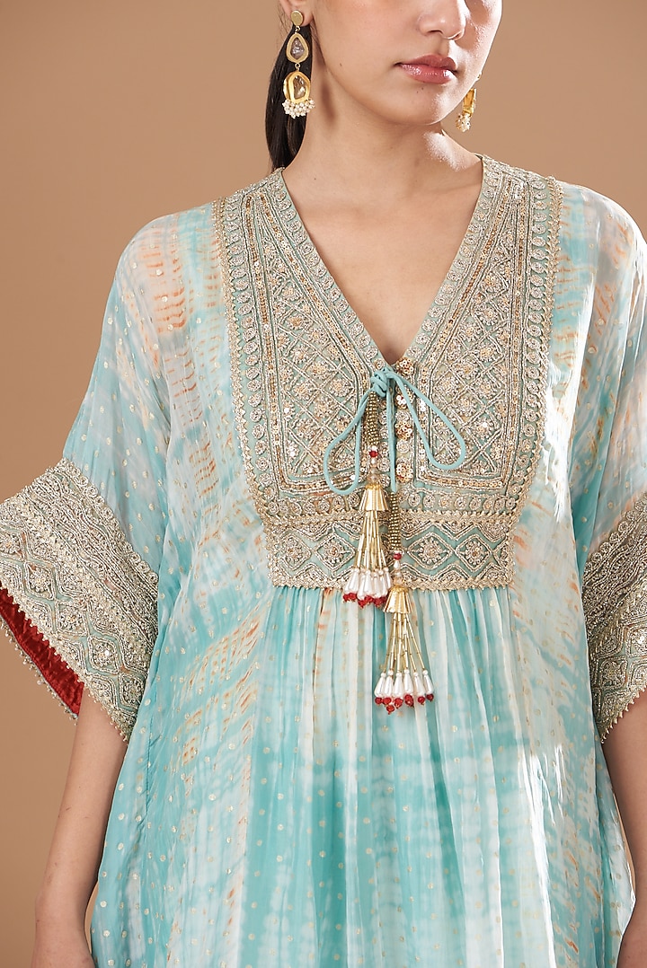 Aqua Organza Foil & Tie Dyed Gharara Set by Kisneel by Pam at Pernia's Pop Up Shop