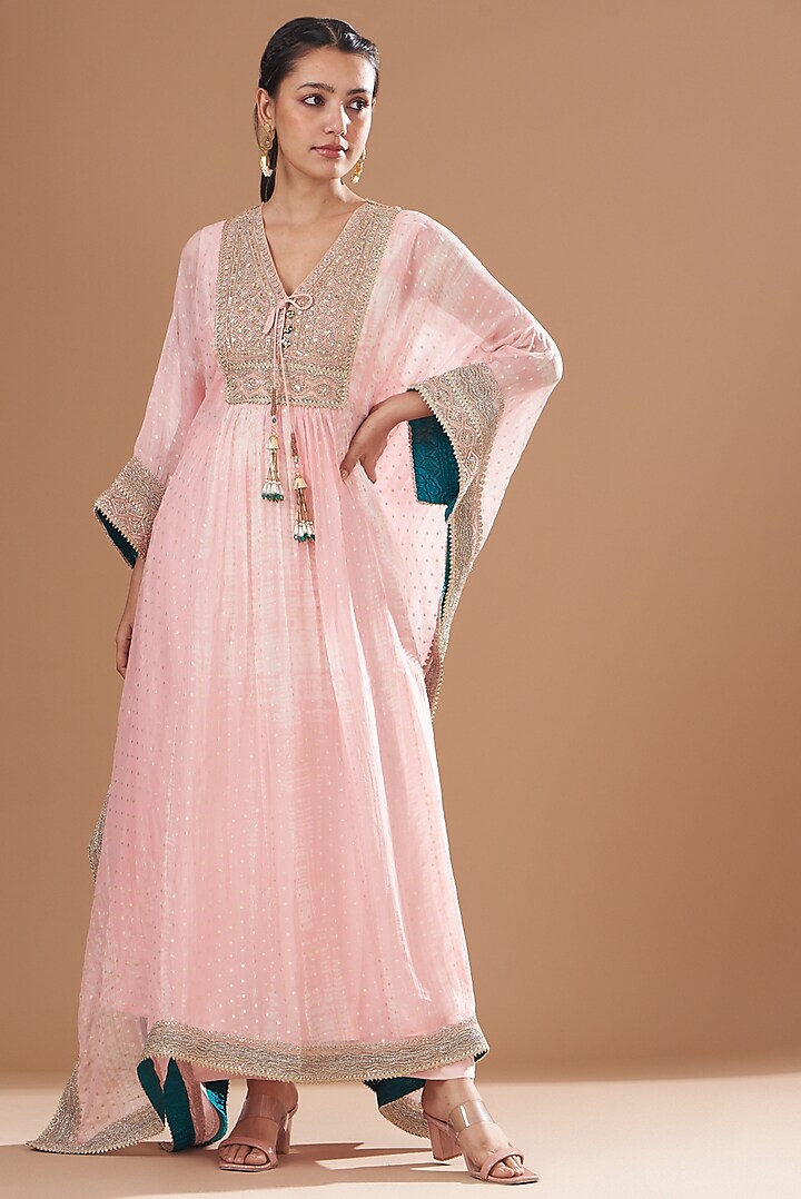 Pink Organza Foil & Tie Dyed Kaftan Set by Kisneel by Pam at Pernia's Pop Up Shop