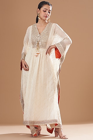 Ivory Organza Foil & Tie Dyed Kaftan Set by Kisneel by Pam