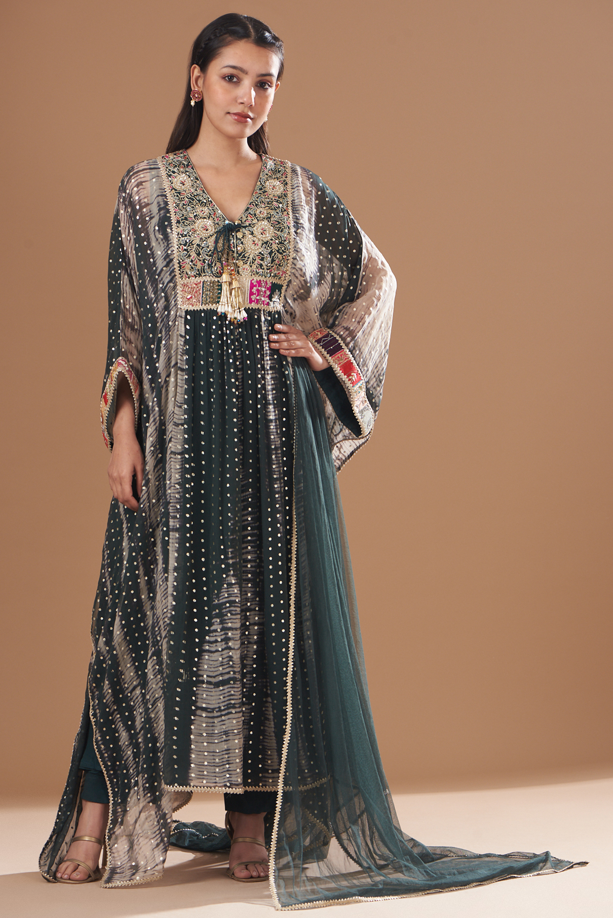 Emerald Green Chiffon Embroidered Kaftan Set by Kisneel by Pam at Pernia's Pop Up Shop