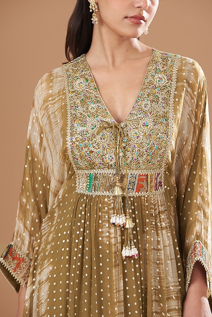 Olive Chiffon Embroidered Kaftan Set by Kisneel by Pam at Pernia's Pop Up Shop