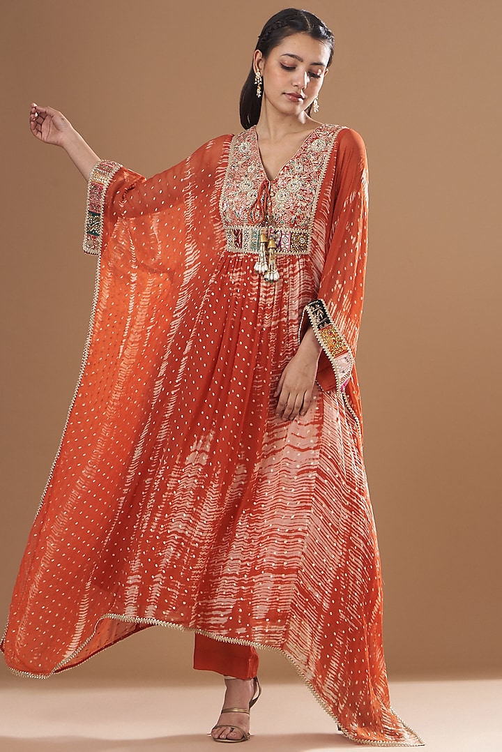 Orange Chiffon Embroidered Kaftan Set by Kisneel by Pam