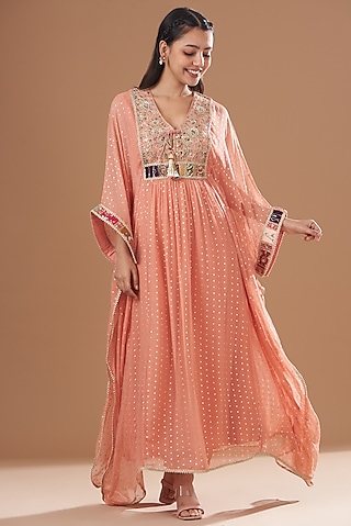 Peach Chiffon Embroidered Kaftan Set by Kisneel by Pam