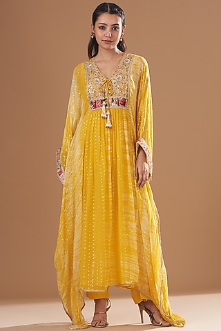 Yellow Chiffon Embroidered Kaftan Set by Kisneel by Pam