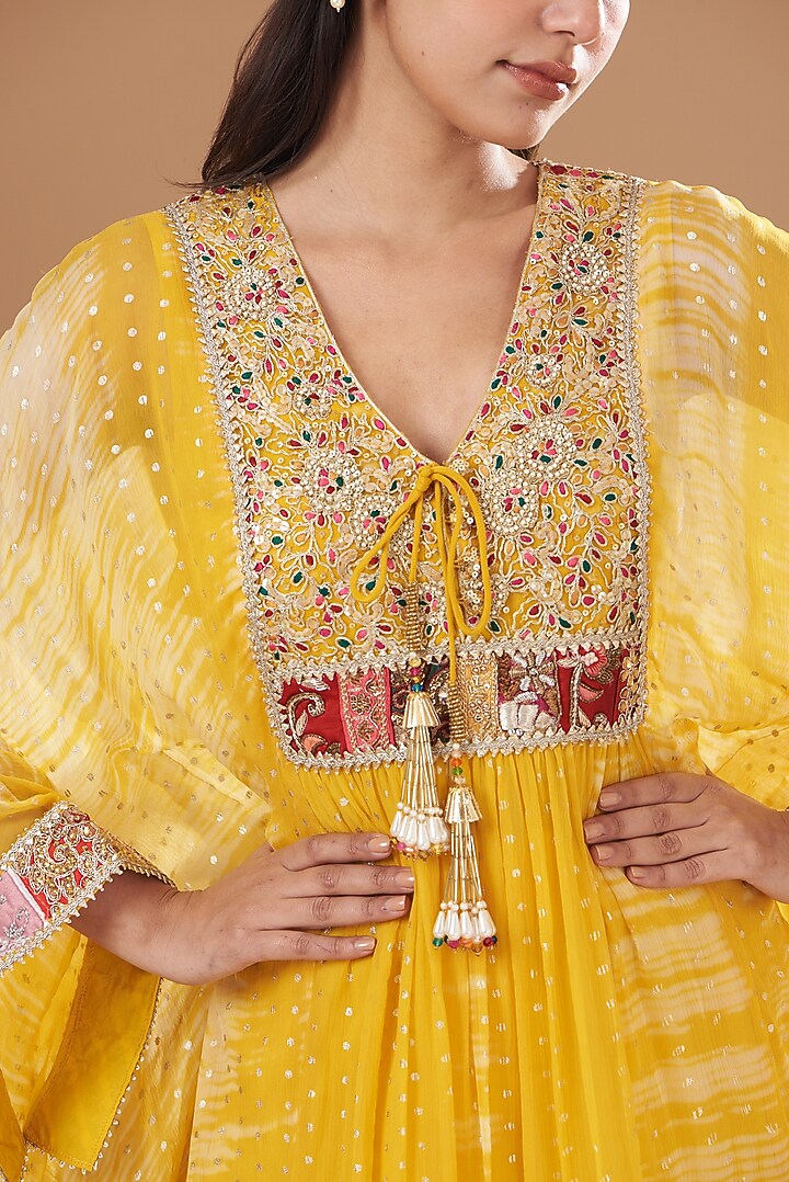 Yellow Chiffon Embroidered Kaftan Set by Kisneel by Pam at Pernia's Pop Up Shop