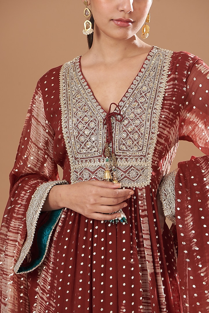 Maroon Chiffon Embroidered Kaftan Set by Kisneel by Pam at Pernia's Pop Up Shop