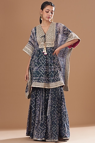 Charcoal Organza Foil & Tie-Dye Printed Gharara Set by Kisneel by Pam