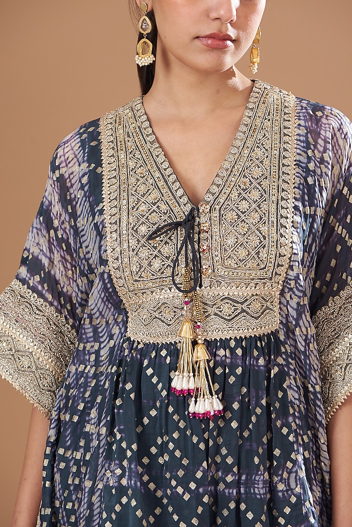 Charcoal Organza Foil & Tie-Dye Printed Gharara Set by Kisneel by Pam at Pernia's Pop Up Shop