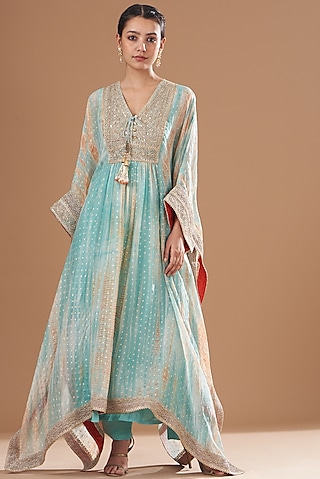 Aqua Organza Embroidered Kaftan Set by Kisneel by Pam