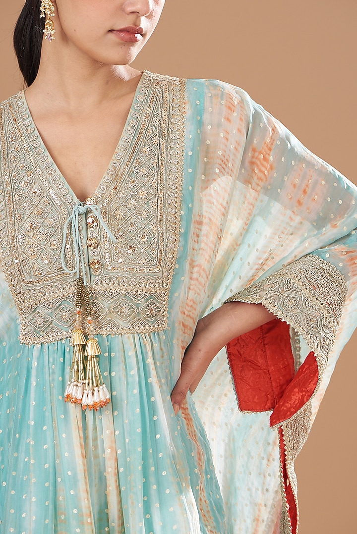 Aqua Organza Embroidered Kaftan Set by Kisneel by Pam at Pernia's Pop Up Shop
