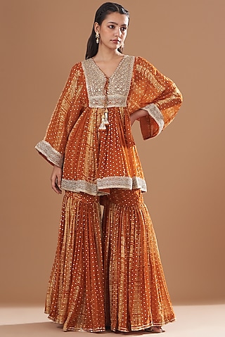 Rust Organza Foil & Tie-Dye Printed Gharara Set by Kisneel by Pam