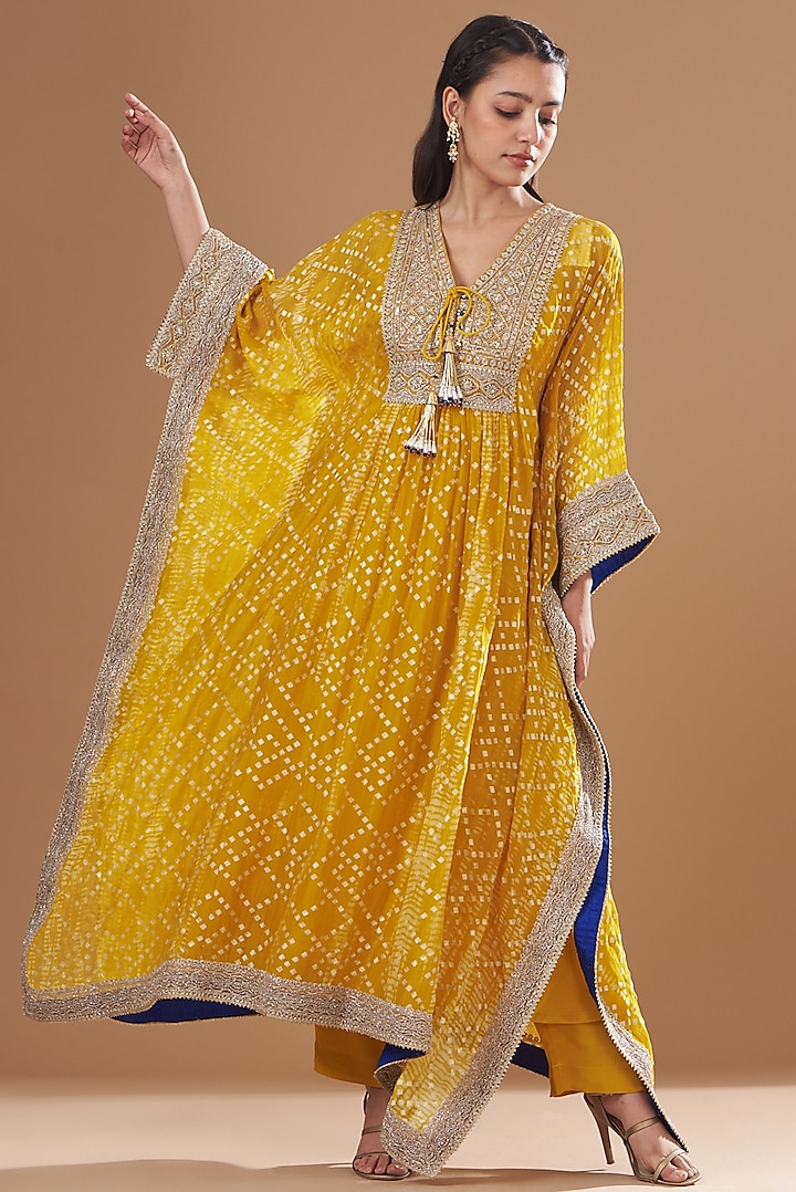Yellow Organza Tie-Dyed Kaftan Set by Kisneel by Pam